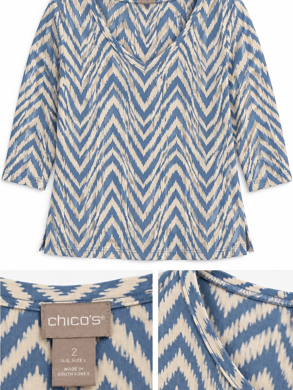 Chico's Blue and Cream Chevron V-Neck Tunic